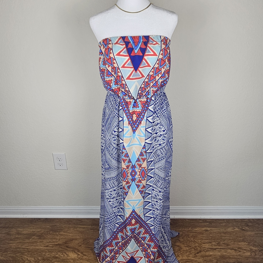 Vibrant Strapless Geometric Maxi Dress